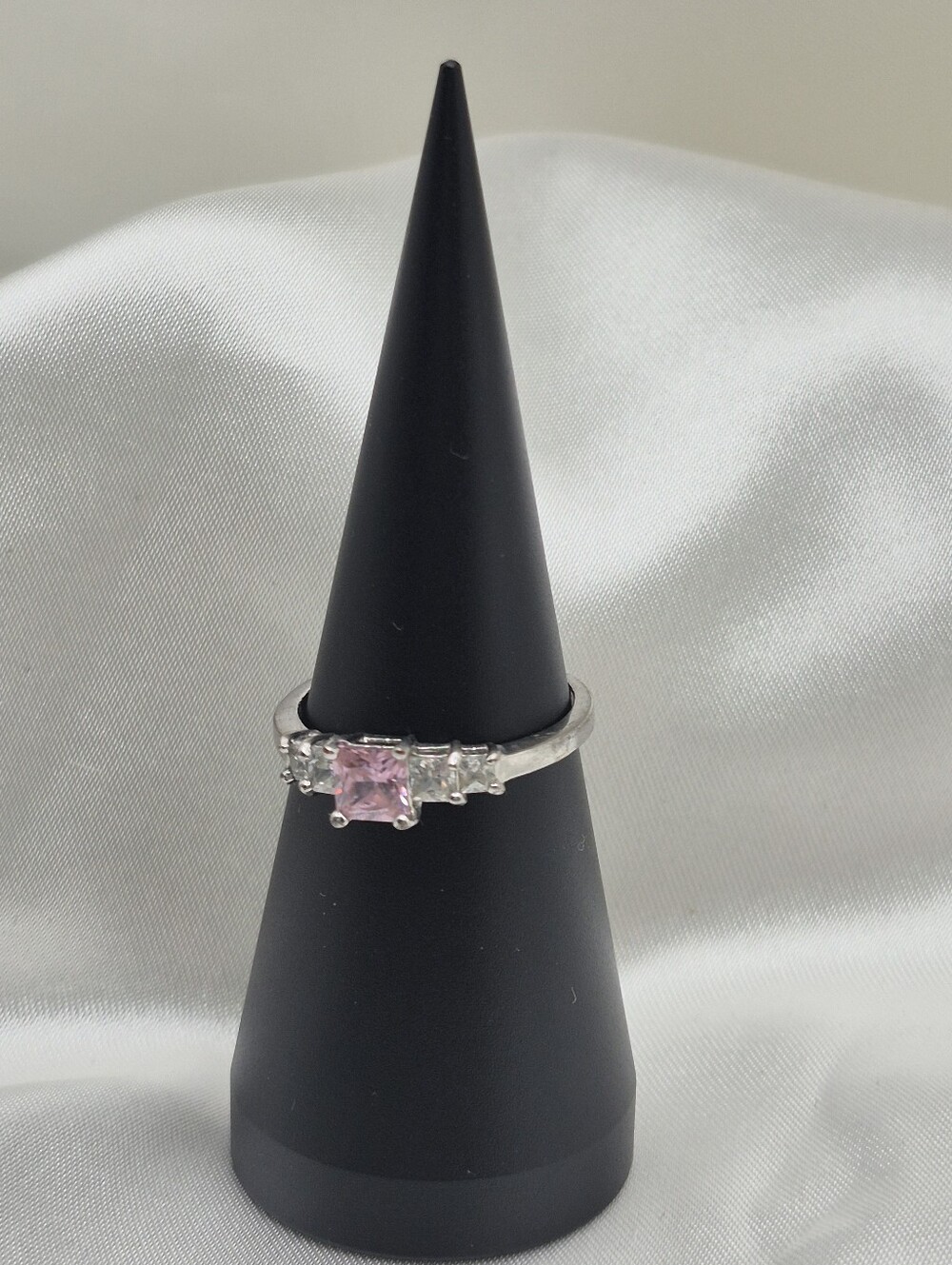 Sterling Silver Plated Pink Square-Cut CZ Stone Ring with Clear Accents Sz 9